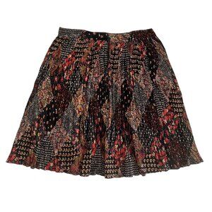 Vintage Boho Floral Patchwork Print Pleated‎ Skirt Black Drawstring Hippie